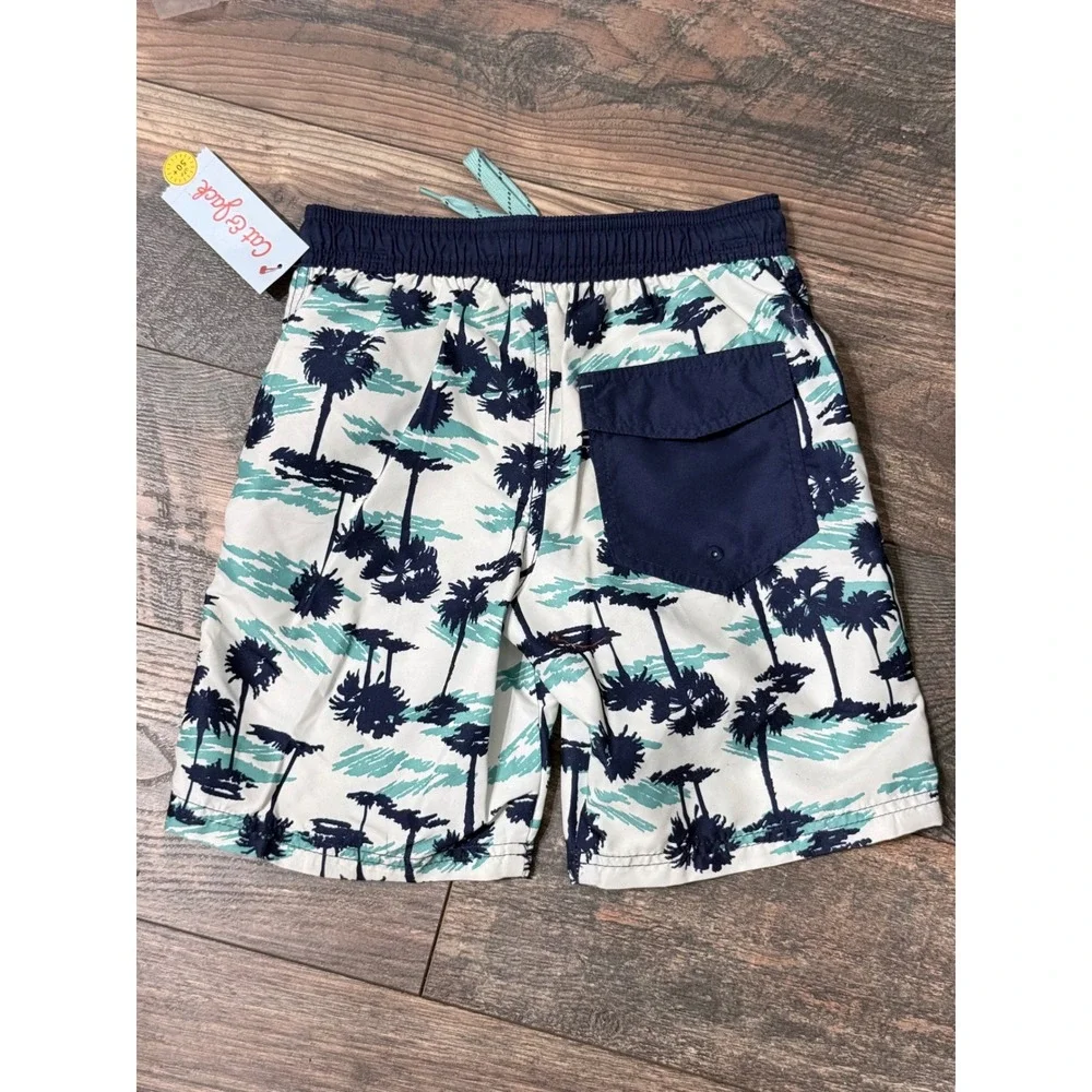 Cat & Jack Boys Swim Trunks Palm Tree Tropical Board Shorts Navy Teal Size S 6/7